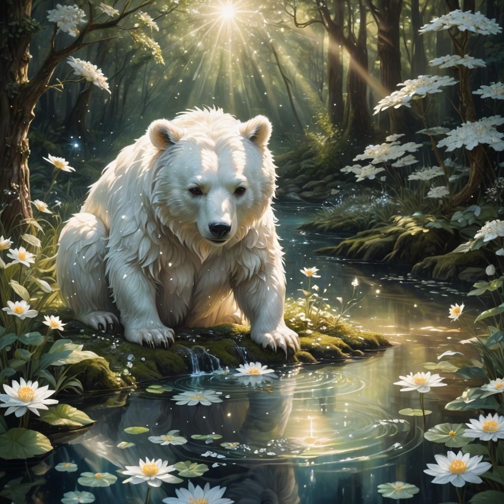 Glowing Fairy Bear in Fantasy Forest, Oil Painting