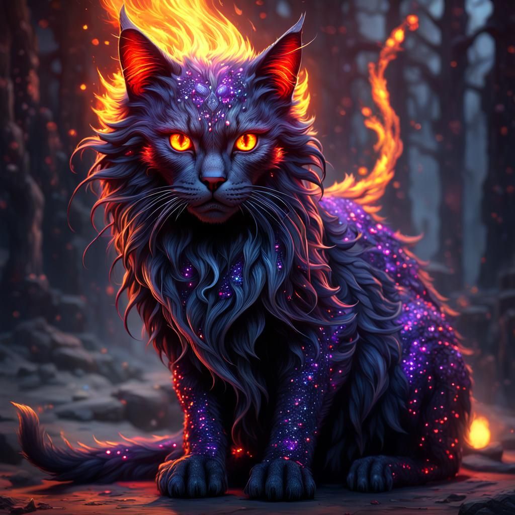 Fire Cat Goddess with Red Eyes, Dark Fantasy Art