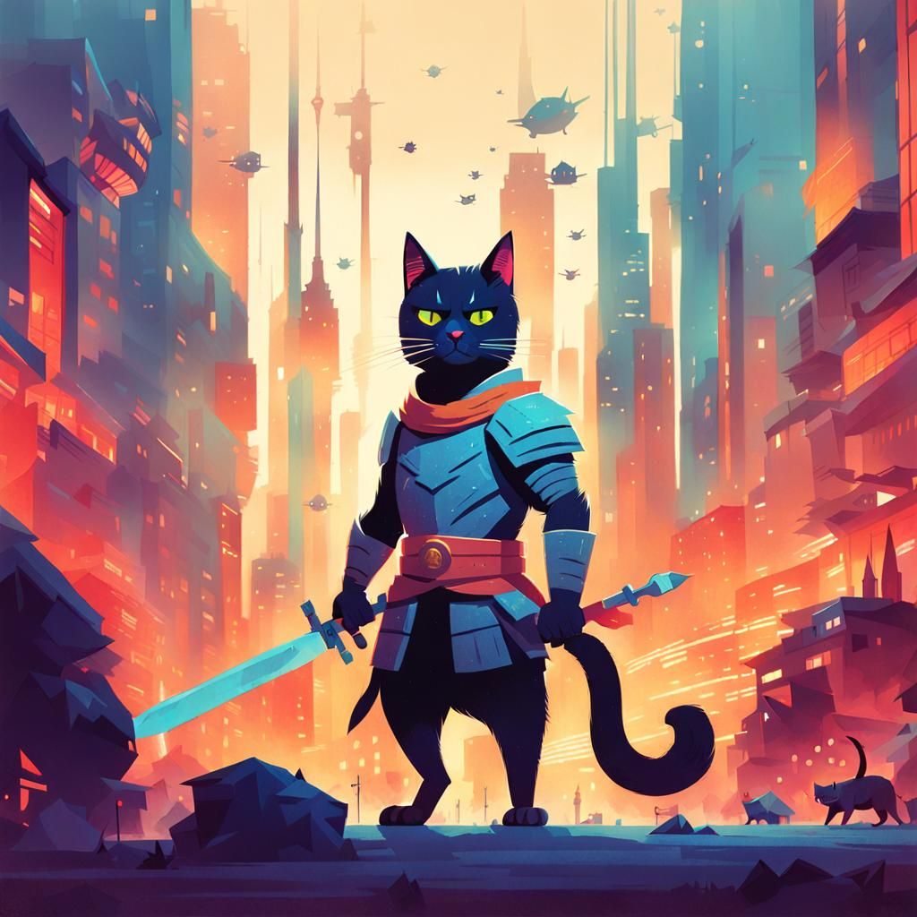Cat Warrior Illustration in Art Deco Style