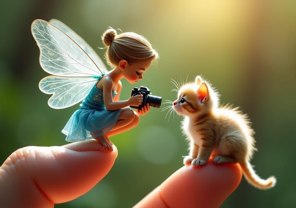 Fairy Photographer and Kitten in Sunlight