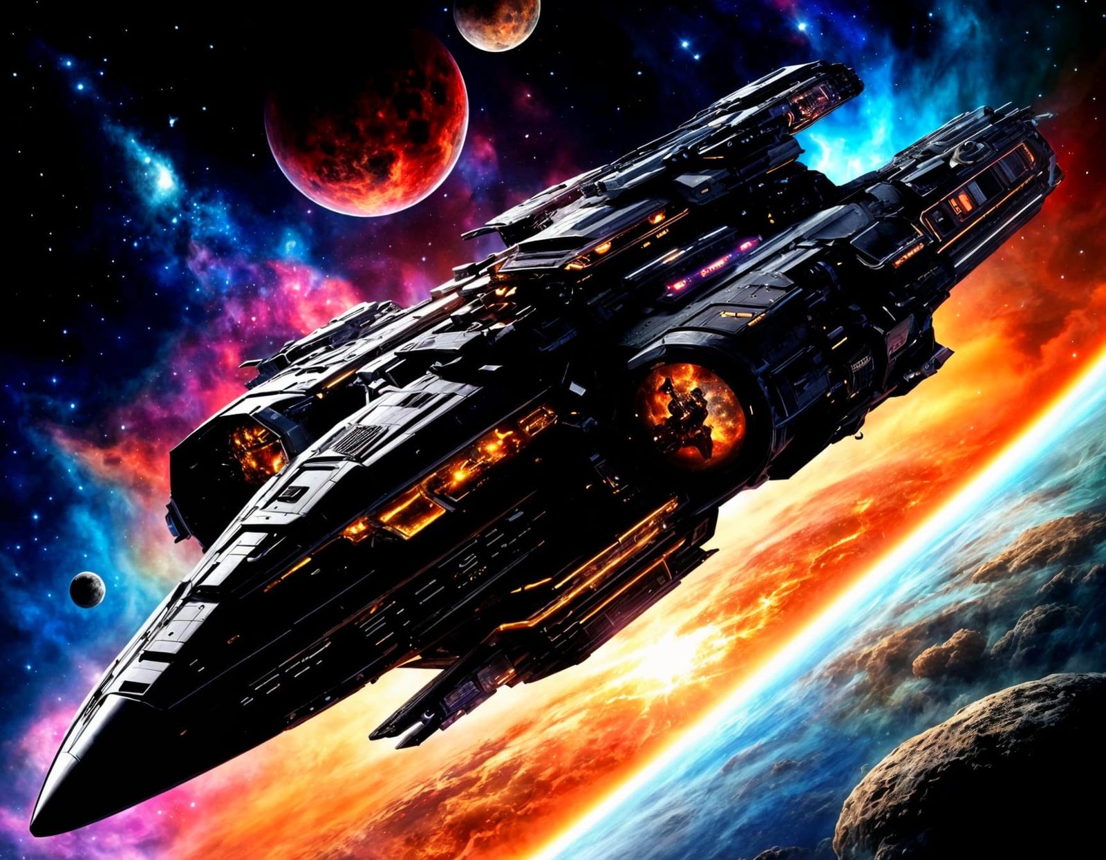 Mega space cruiser, colorful cosmic background