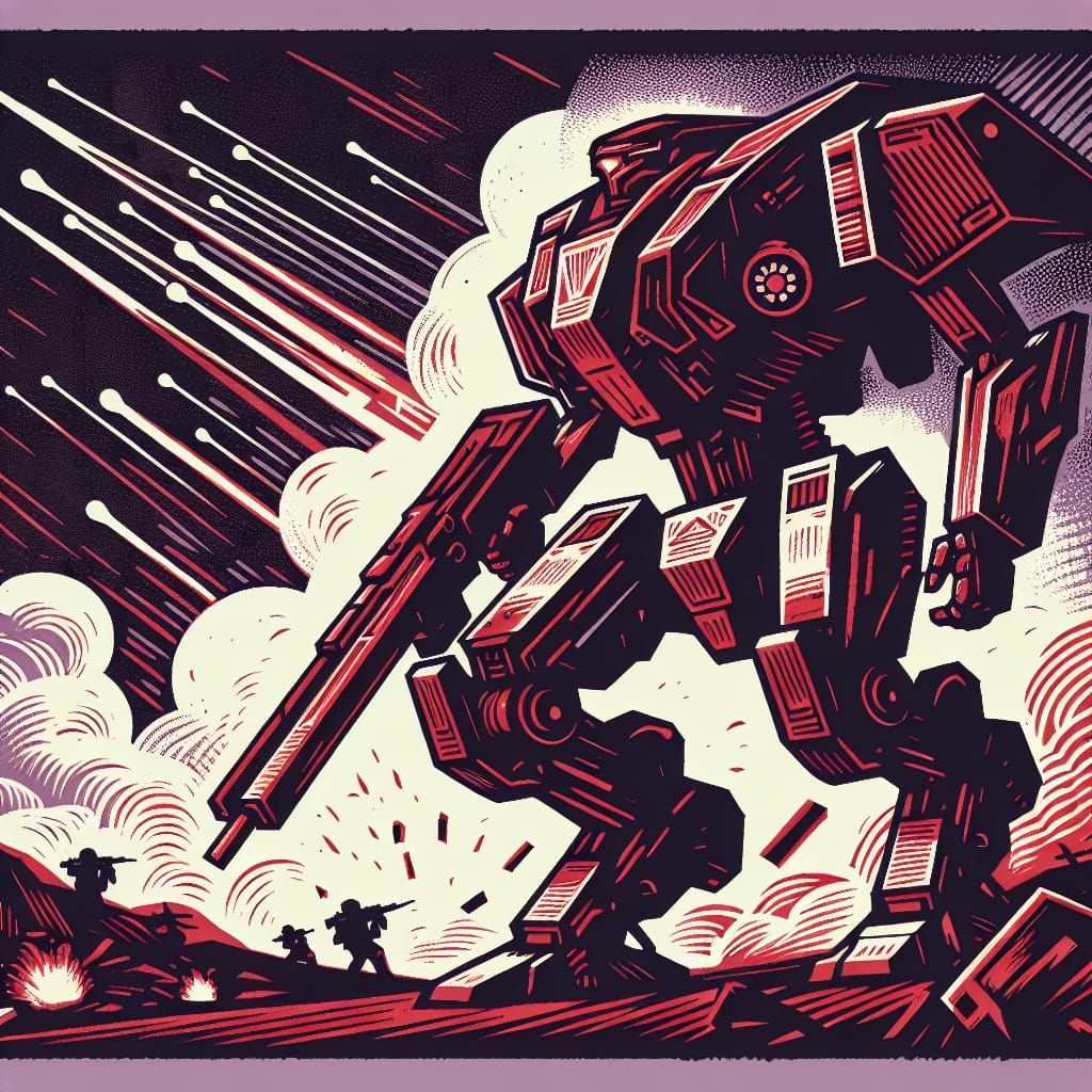 Mech in War Zone: Linocut-Style Combat Scene