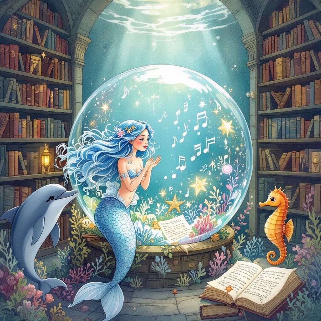 Mermaid Discovers Forgotten Song in Underwater Library