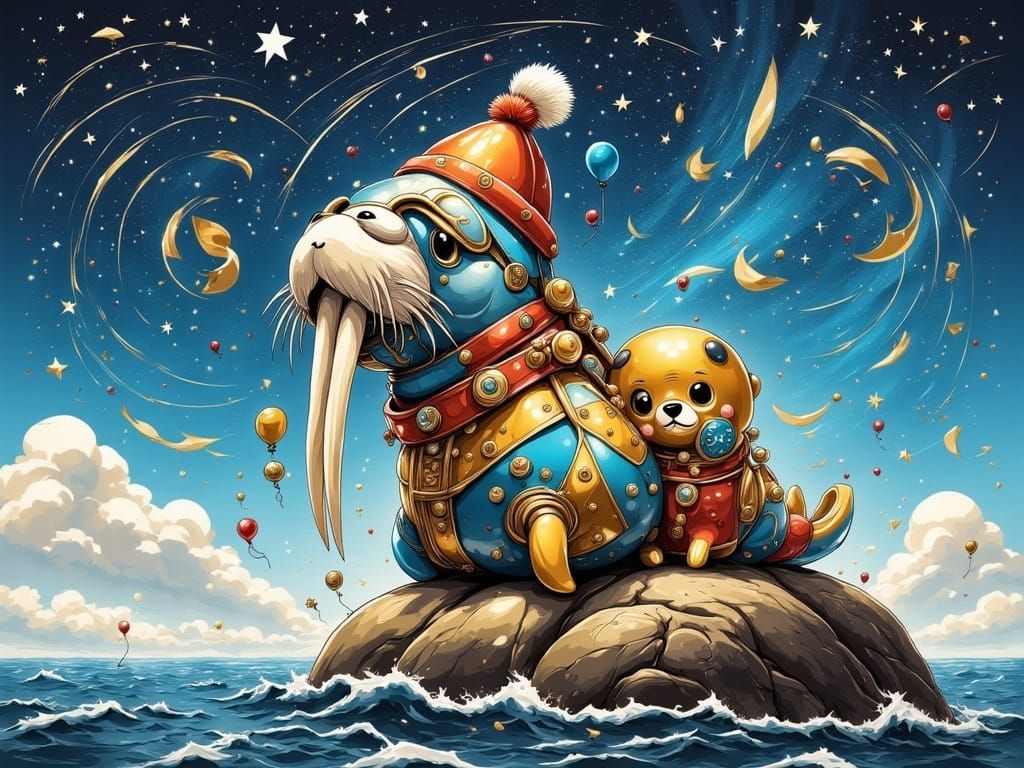 Whimsical Walrus Family Under Northern Lights