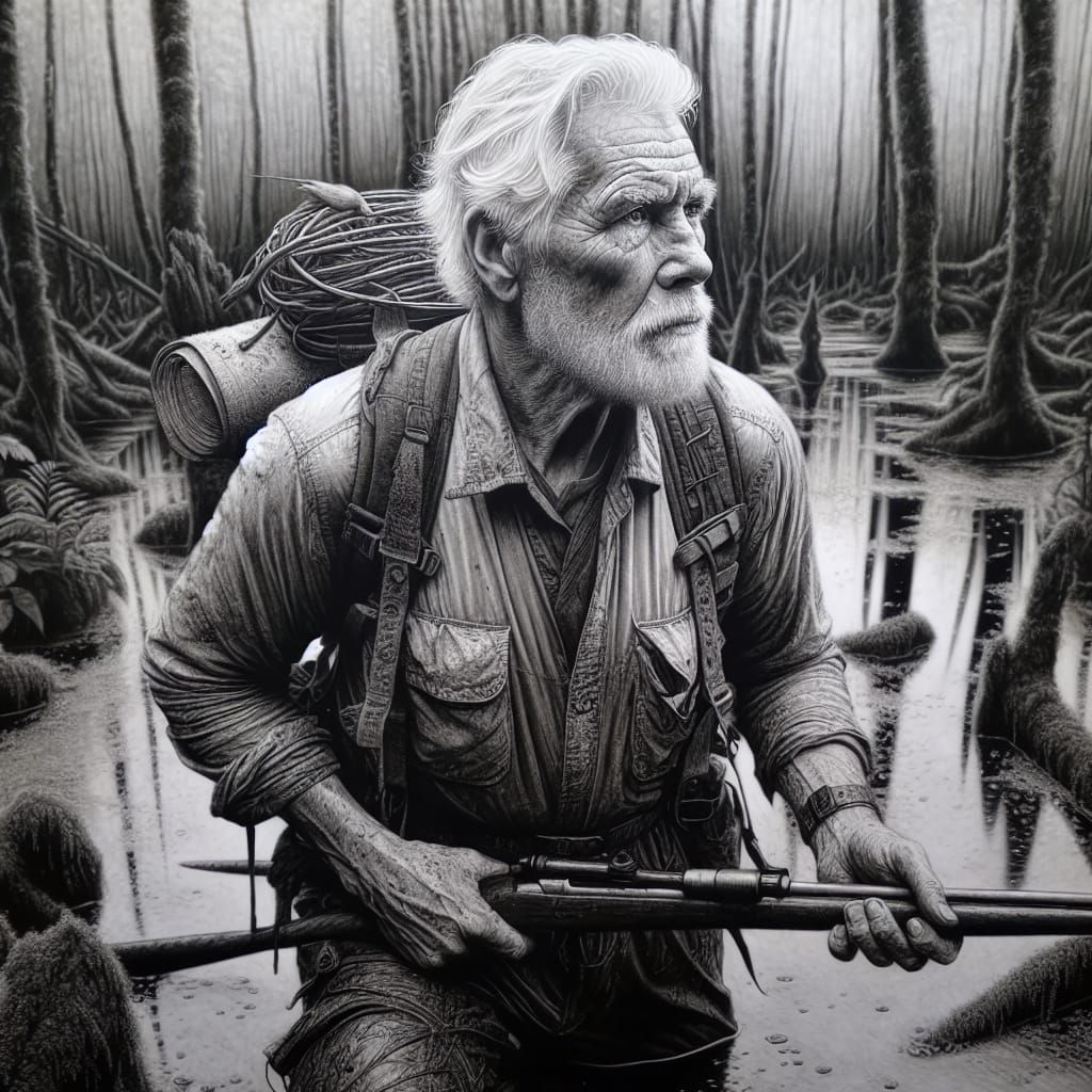 Elderly Hunter in a Swamp: A Charcoal Drawing