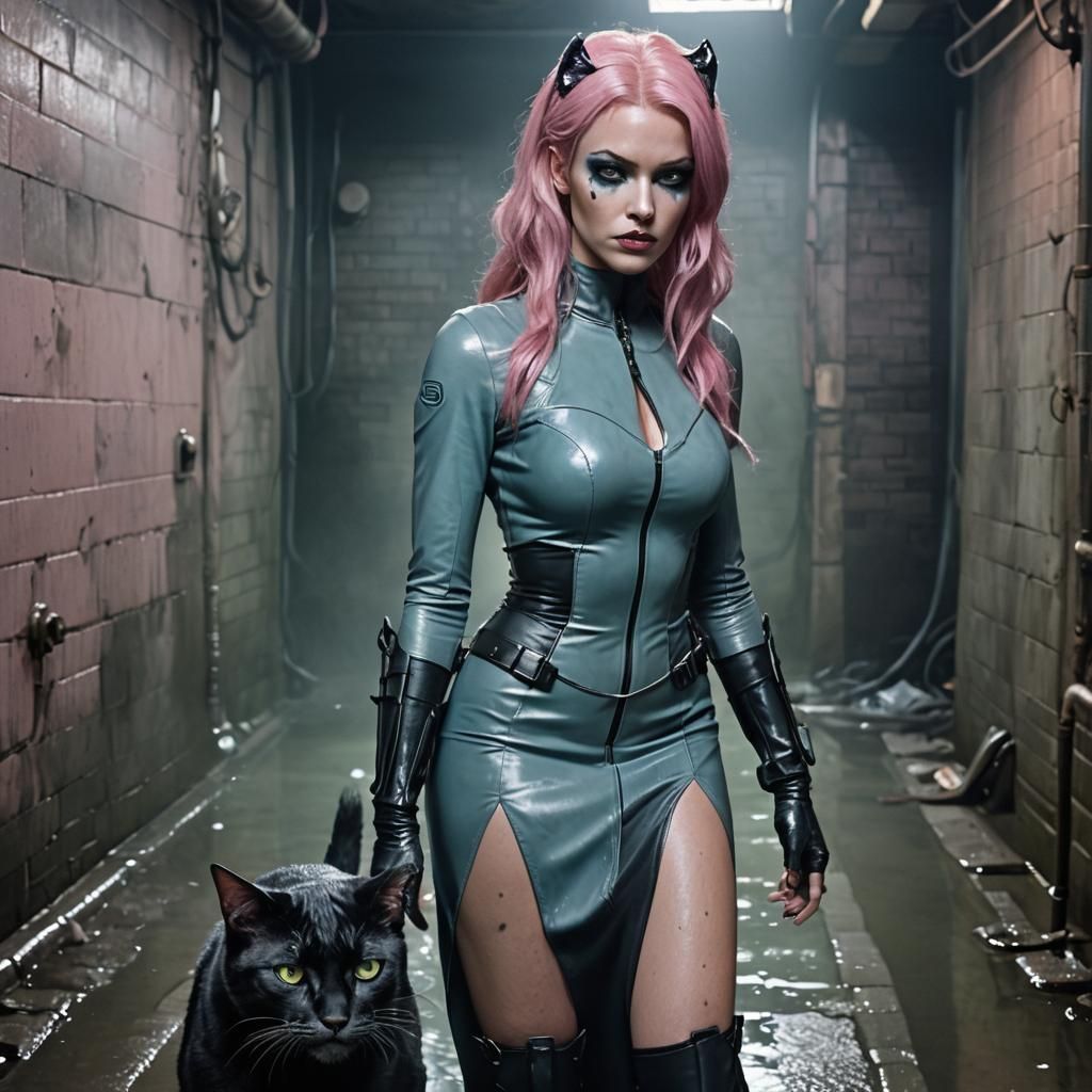 Cyberpunk Catwoman in a Futuristic Sewer System