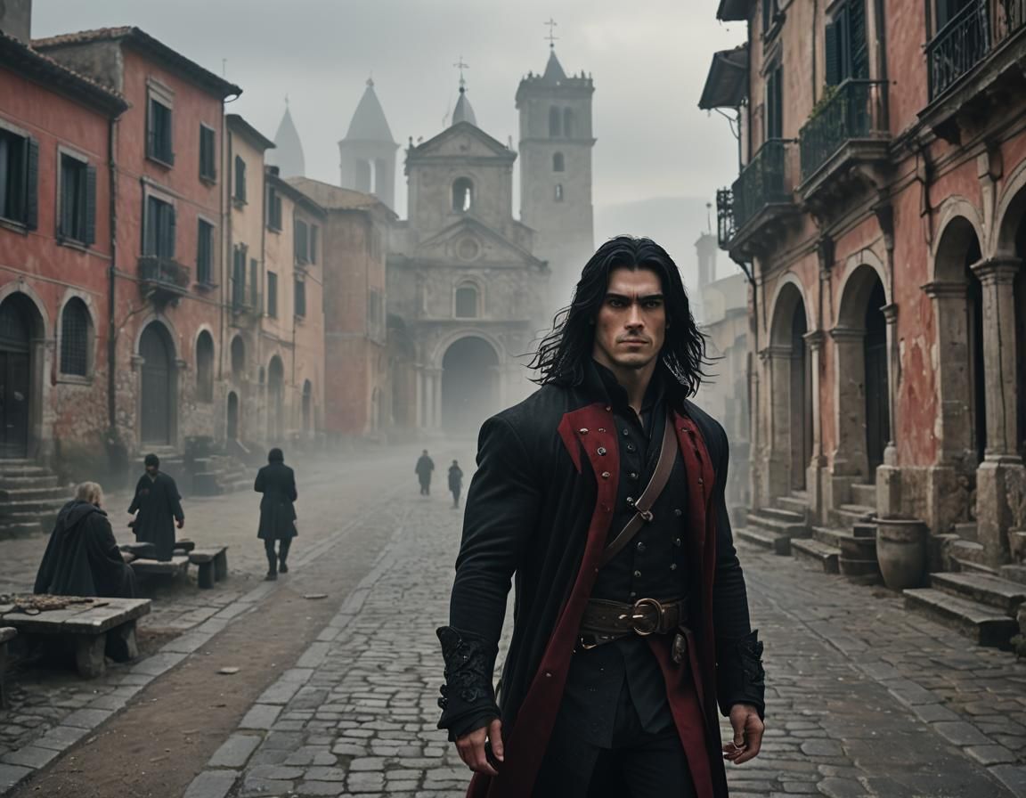 Hunter in Misty Italian Town: Dark Fantasy Art