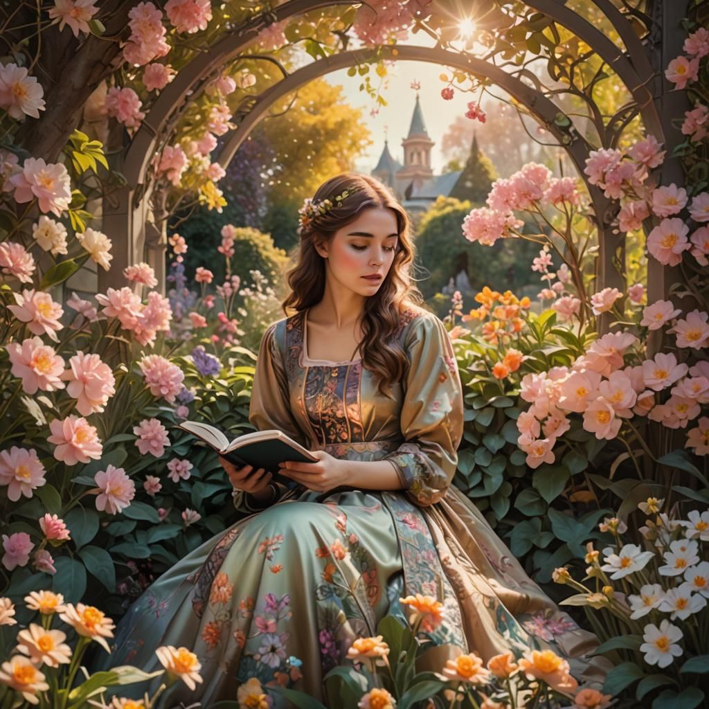 Girl Reading Book in Art Nouveau Garden