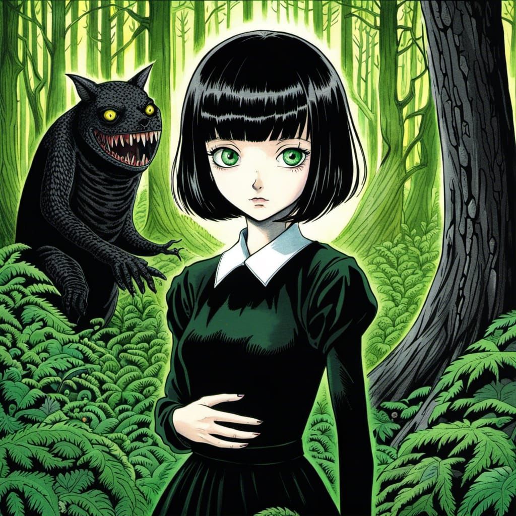 Eerie Girl in Horror Forest, Anime Manga Style