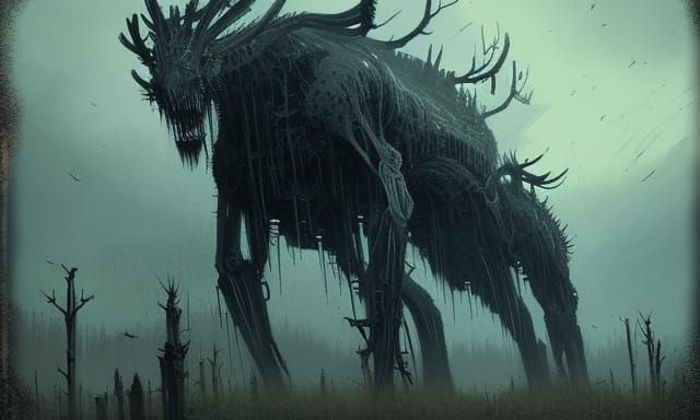 Landscape with Train, Wendigo Beast, in Fantasy Style