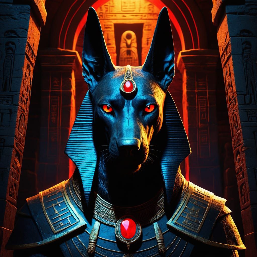 Living Anubis with Neon Eyes in Crypt