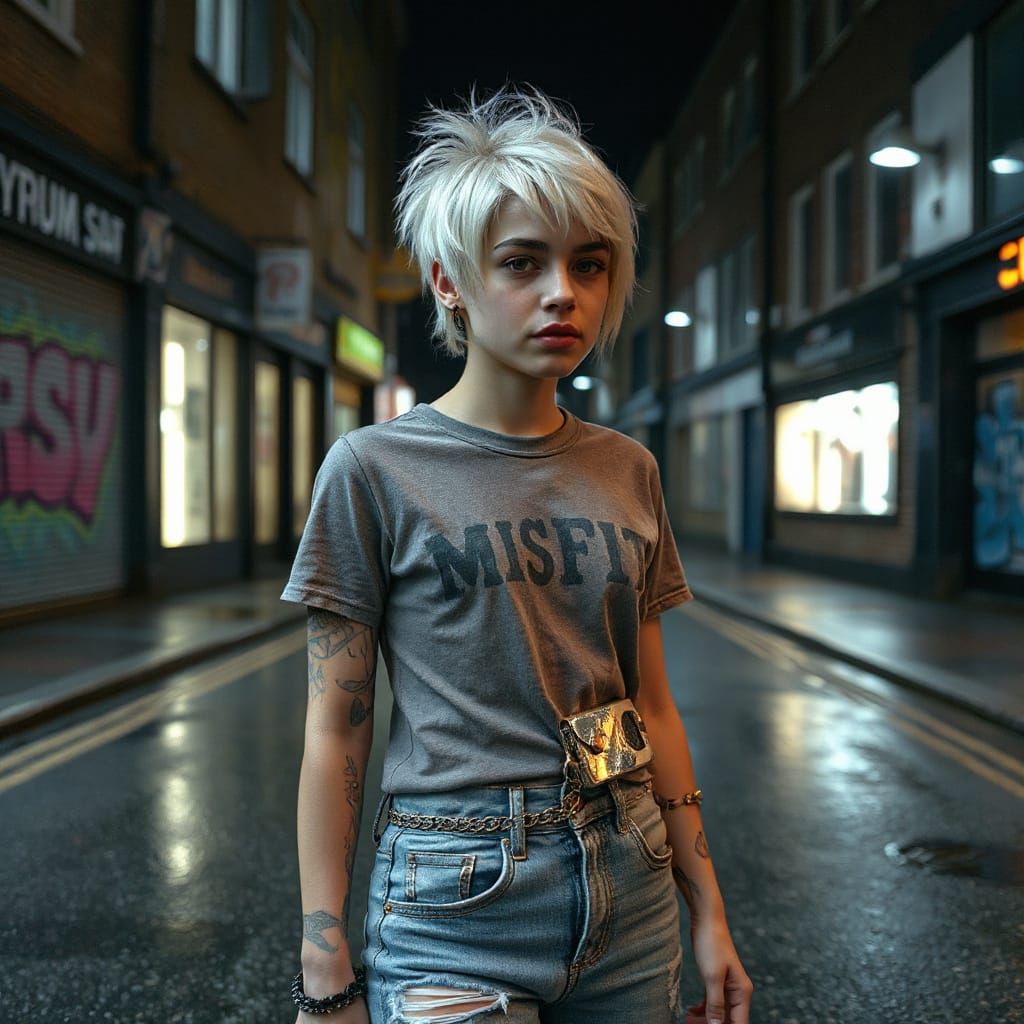 Punk Girl with Platinum Pixie Cut in Rainy London