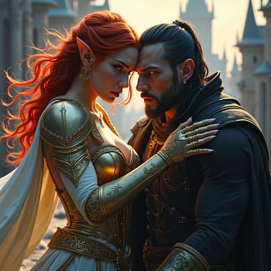 Beautiful red hair half elf paladin in revealing Gold and wh...