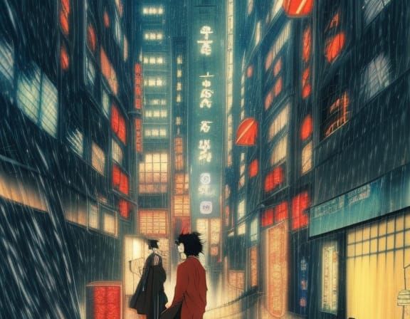 16k resolution, art by Satoshi Kon and Ikenaga Yasunari, a young androgynous genderfluid anime character in a cityscape ...