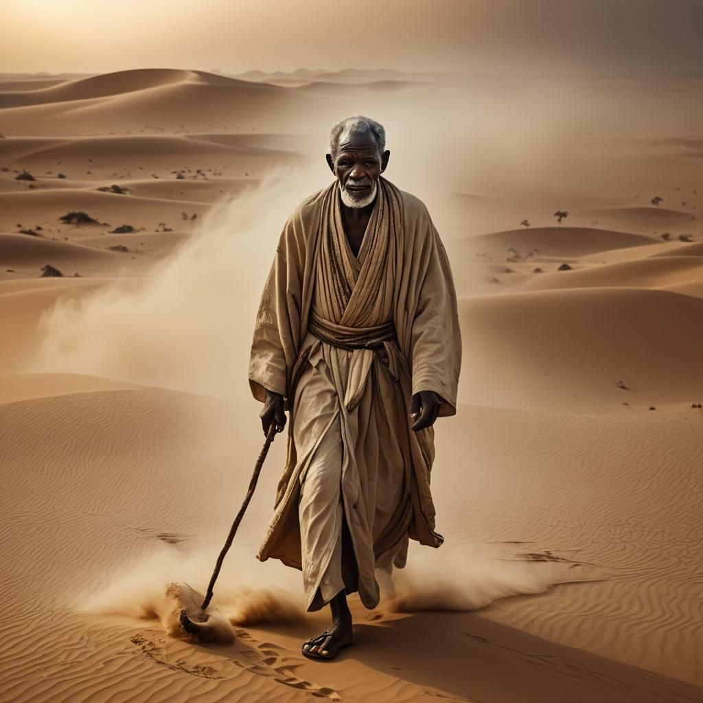 African Man Walks Through Sahara in Oil Painting