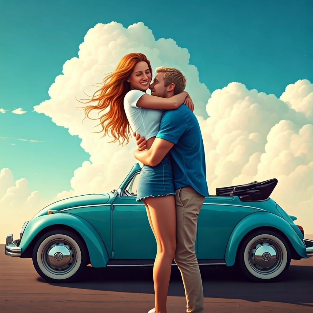 Couple's Joyful Embrace Beside Classic VW Beetle