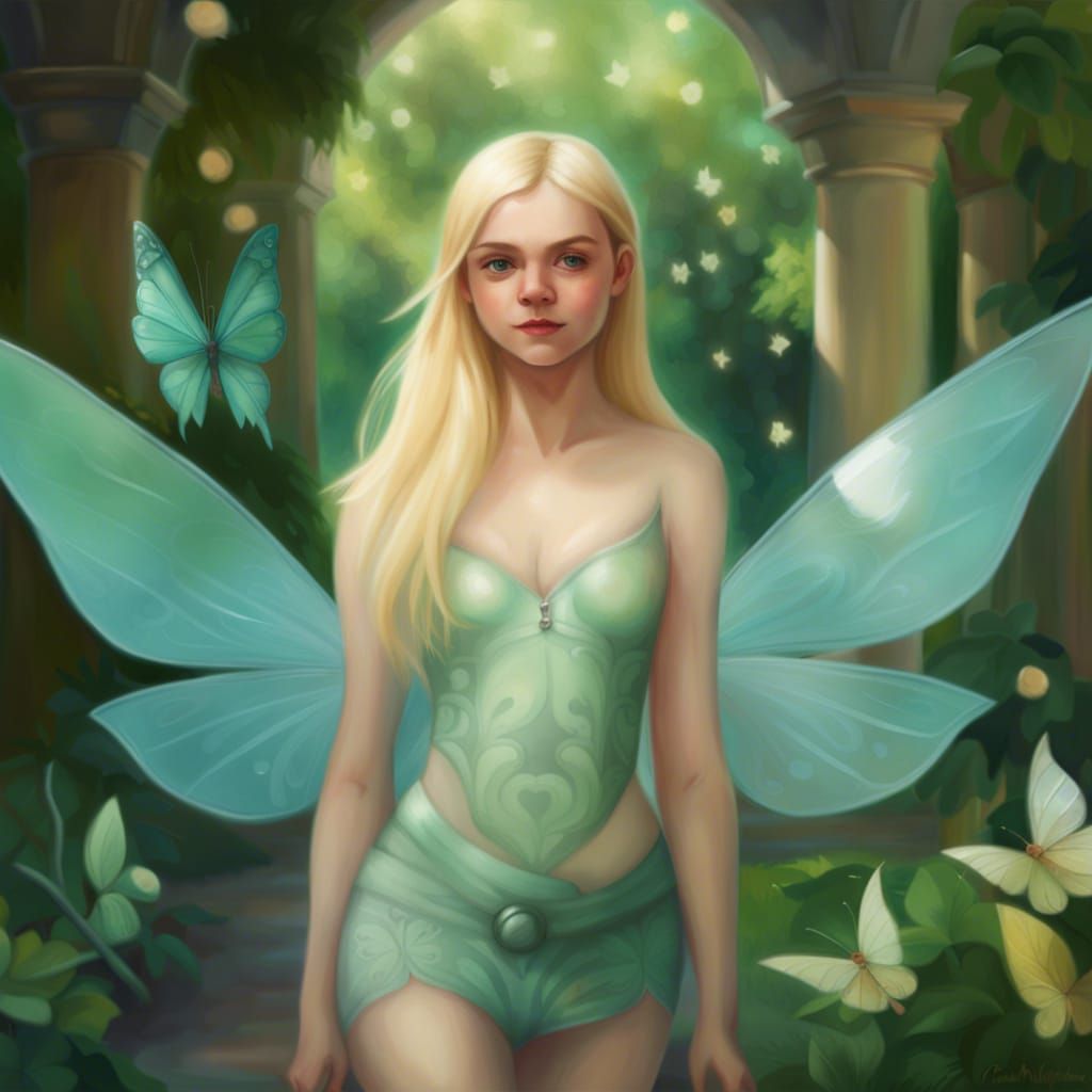 Elle Fanning as Elf in French Garden, Digital Oil Painting