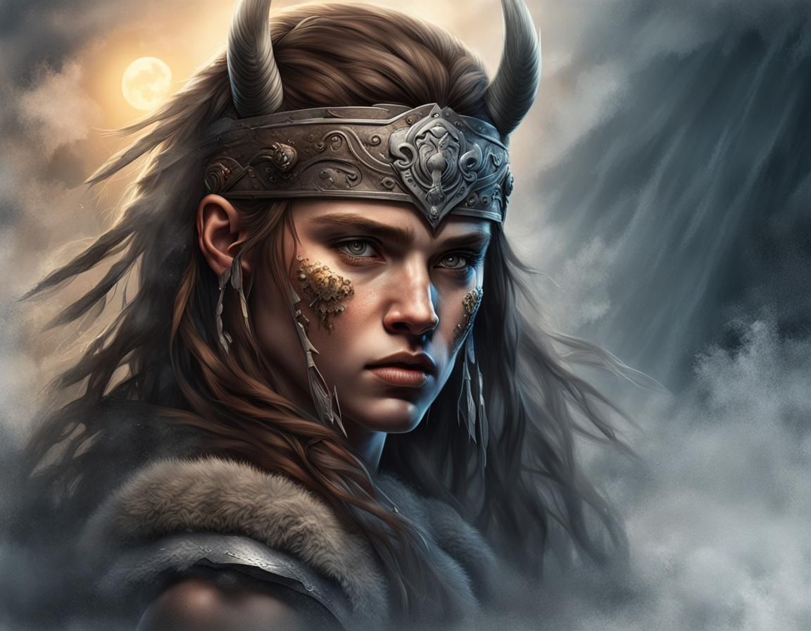 Barbarian Warrior Girl Portrait in Taiga Landscape