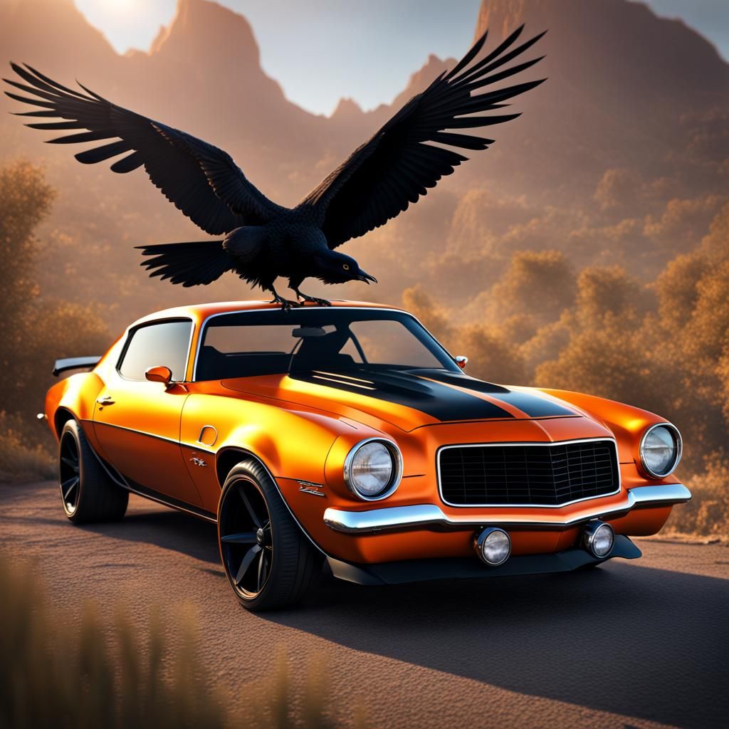 Orange 1973 Camaro with Raven Hood, Detailed Matte Painting