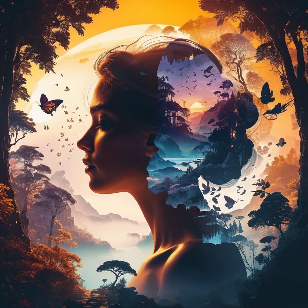 Dreamlike Double Exposure Collage in Deep Colors