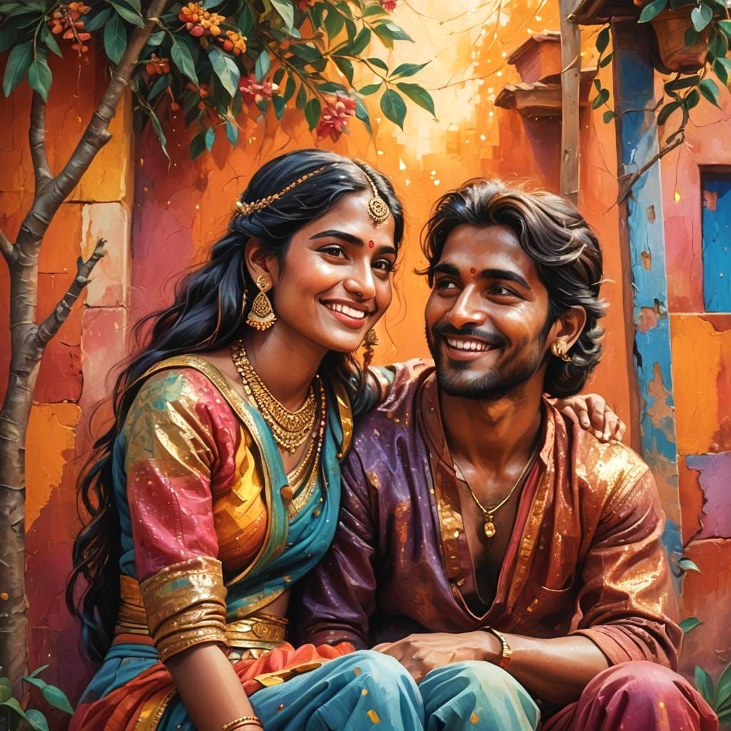 Romantic Village Scene with Lovers in Detailed Digital Art