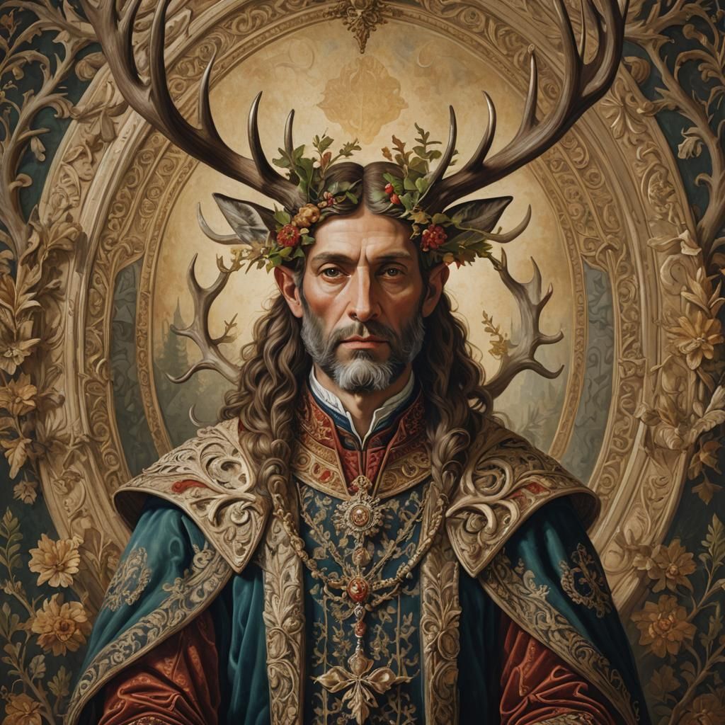 Renaissance Portrait: Majestic Antlered Figure in Ornate Clo...