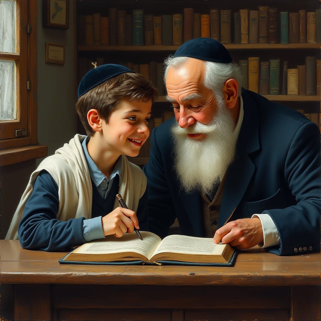 Father and Son Study Torah Together in a Cozy Study