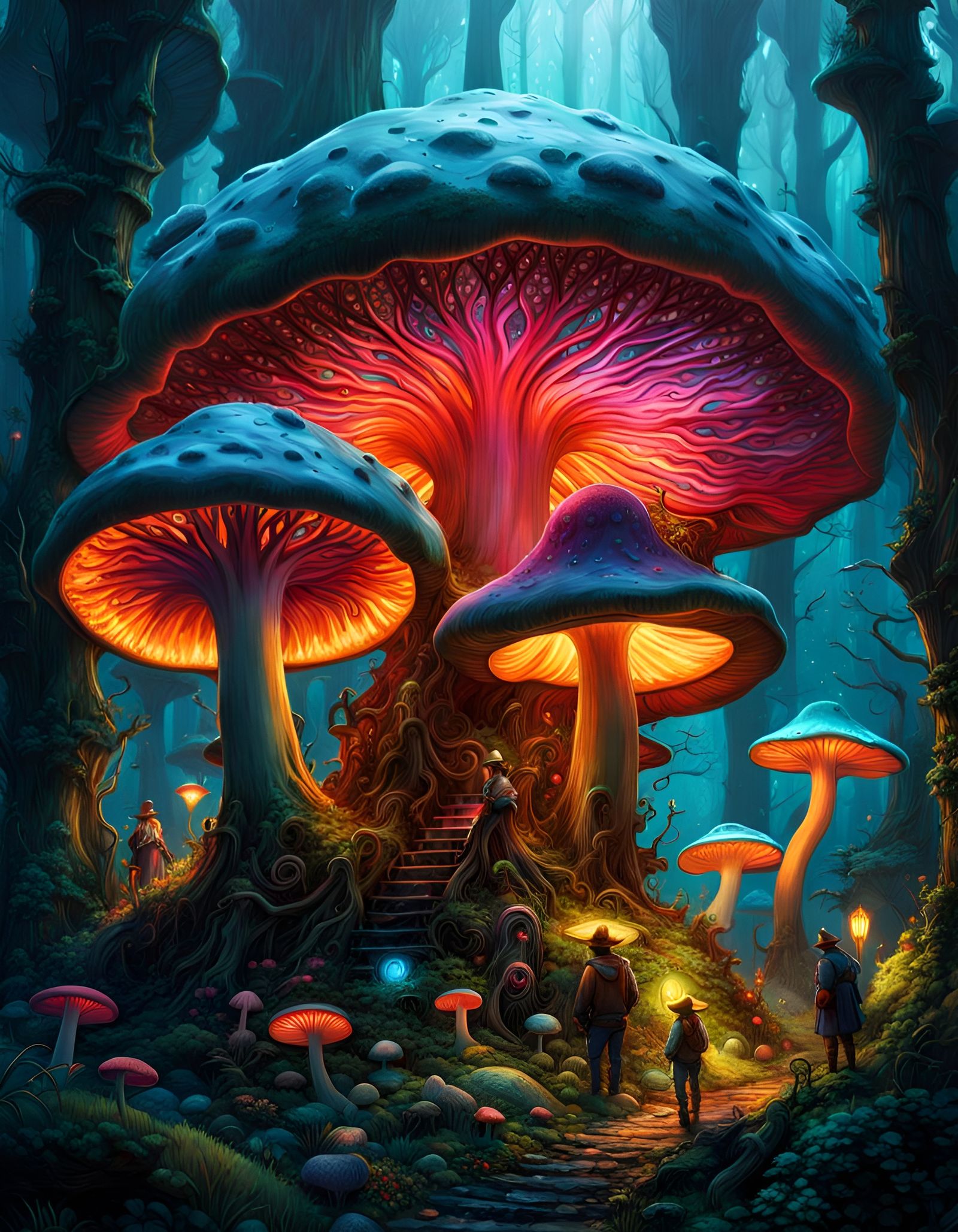 Bioluminescent Mushroom Forest in Groovy 60s Style