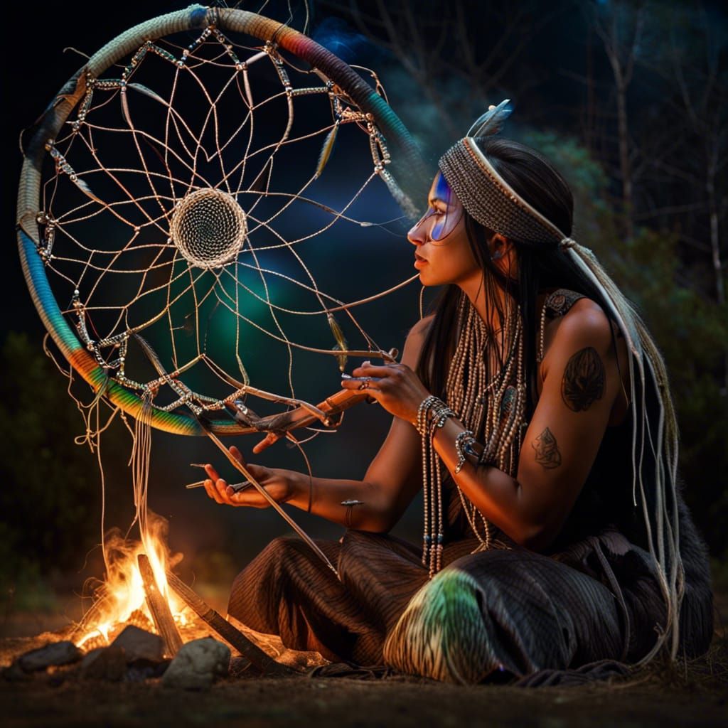 Earth Mother Weaving Dreamcatcher by Campfire