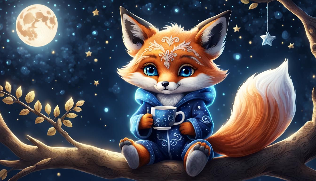 Cute Fox in Magical Forest, Digital Art