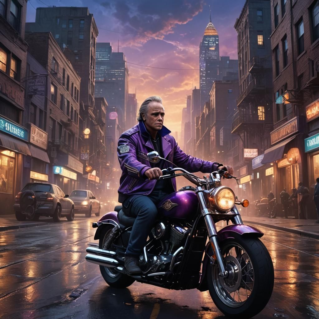 Motorcycle Rider in Dreamlike Cityscape, Cinematic Art