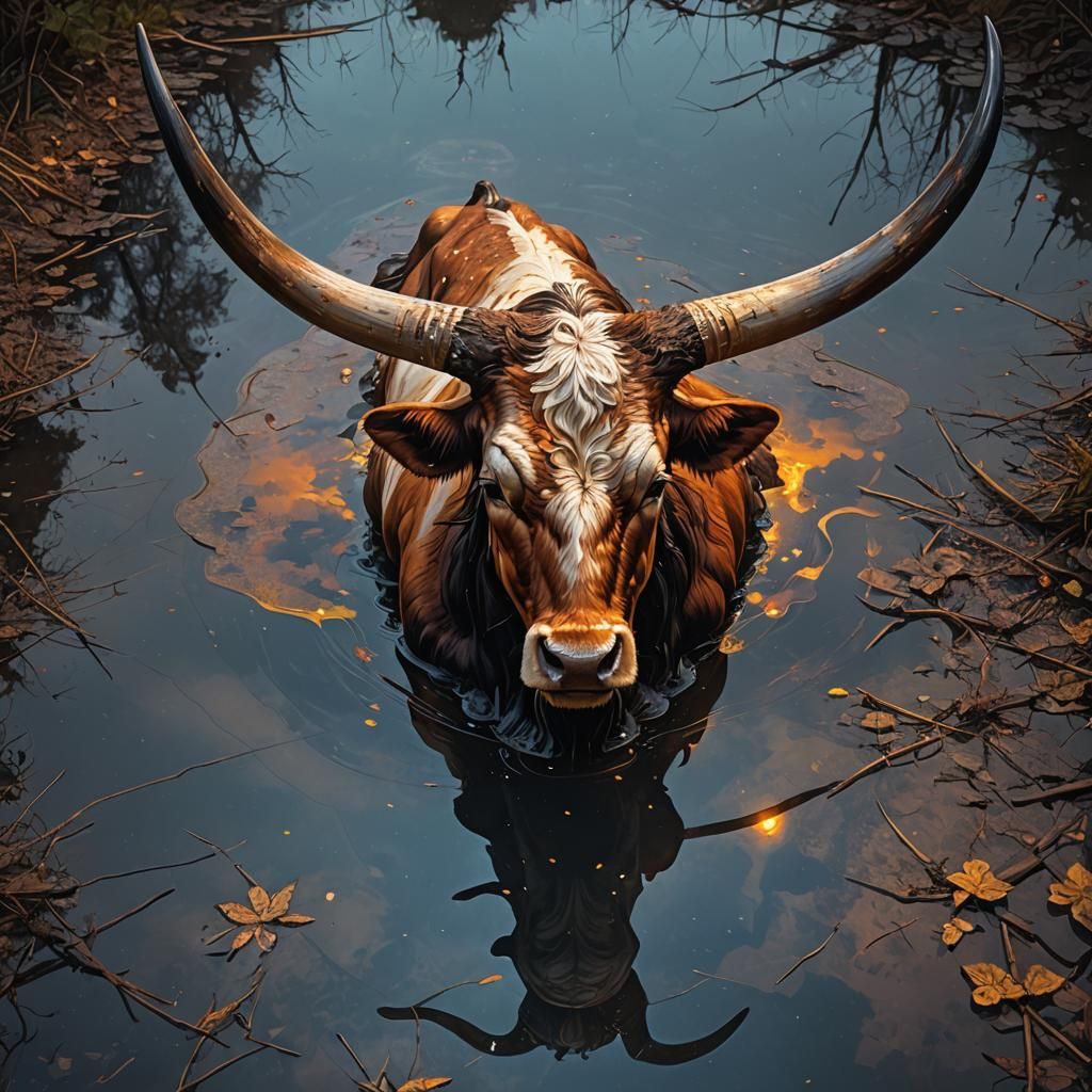 Glowing Longhorn Head in Reflective Puddle