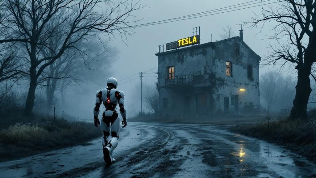Robot Walks Towards Abandoned Building in Fog