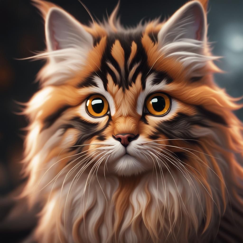 a caramel color, long hair fluffy kitten with black swirls p...