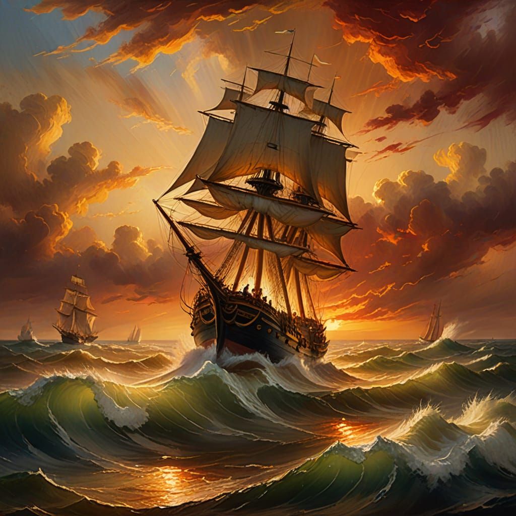 Epic Ship in Stormy Sea as Impressionist Painting