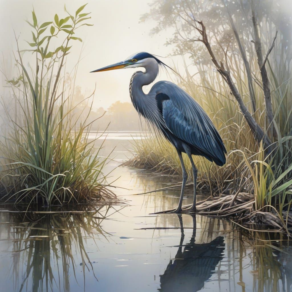 Sunlit Coastal Marsh with Elegant Heron