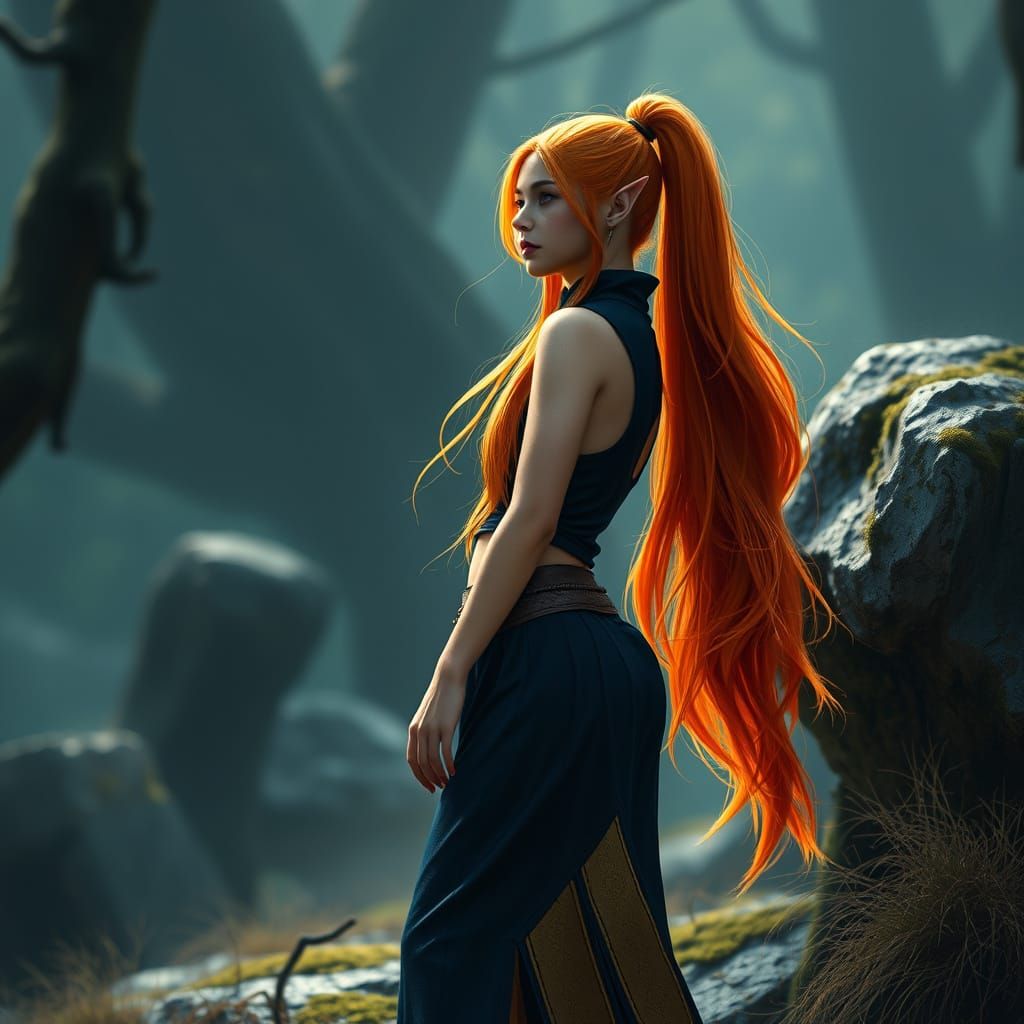 Fantasy Elf Druidess in Vibrant Orange Hair and Dark Blue At...