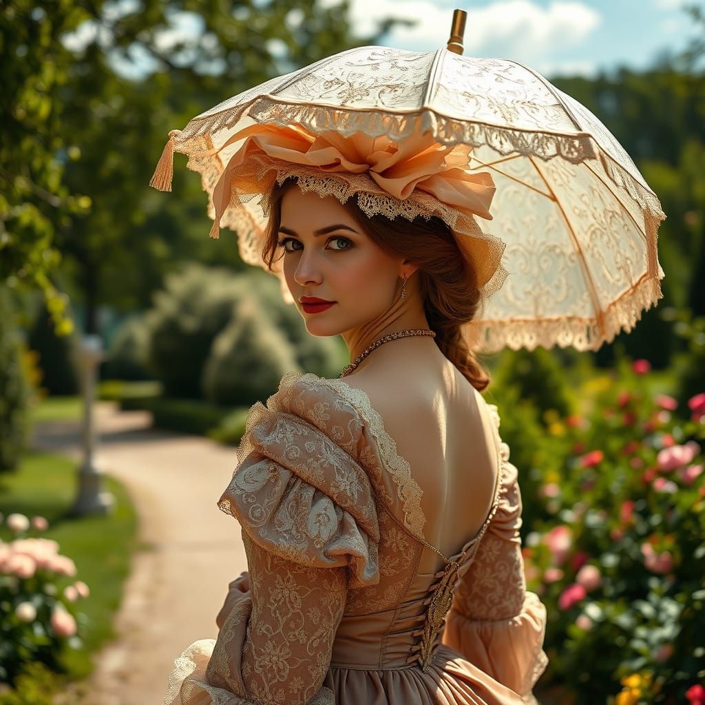 17th Century English Noblewoman Strolls Through Serene Park