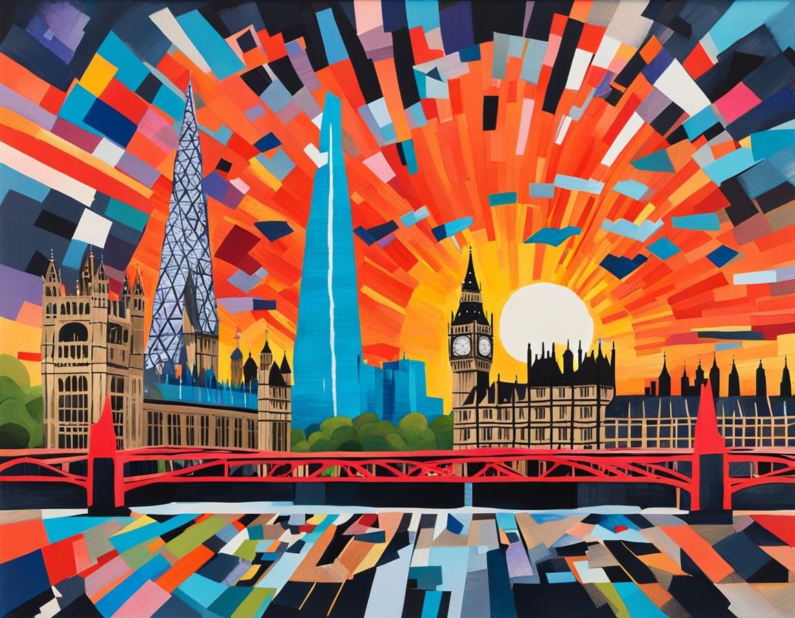 London Skyline in Mixed Media Collage Style