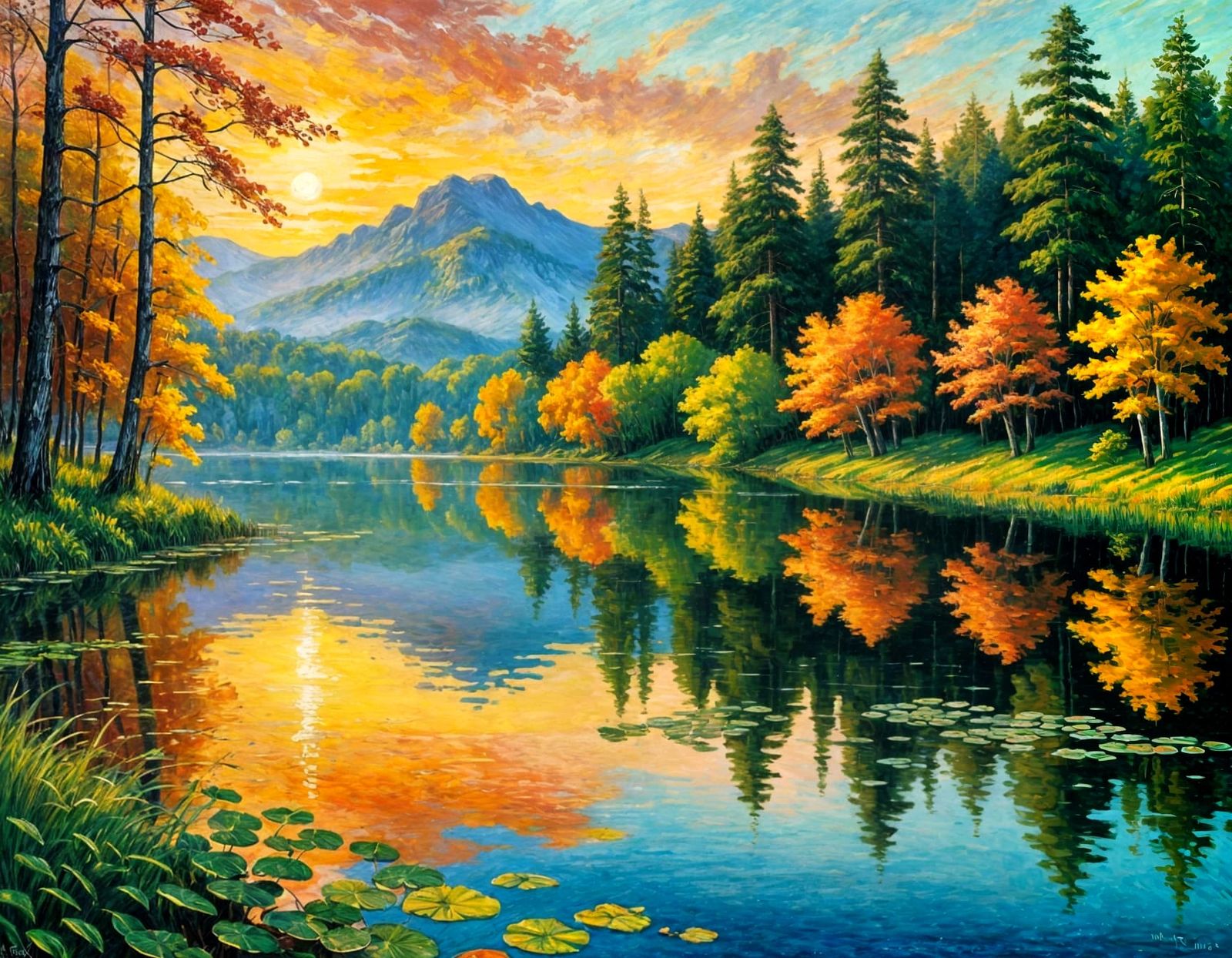 Impressionist Sunset Lake Reflecting Golden Light