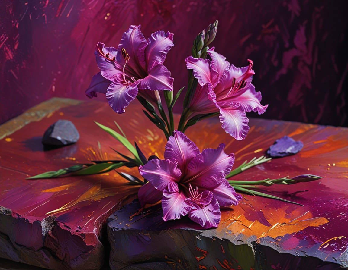 Magenta Gladiolus Impasto Oil Painting on Canvas