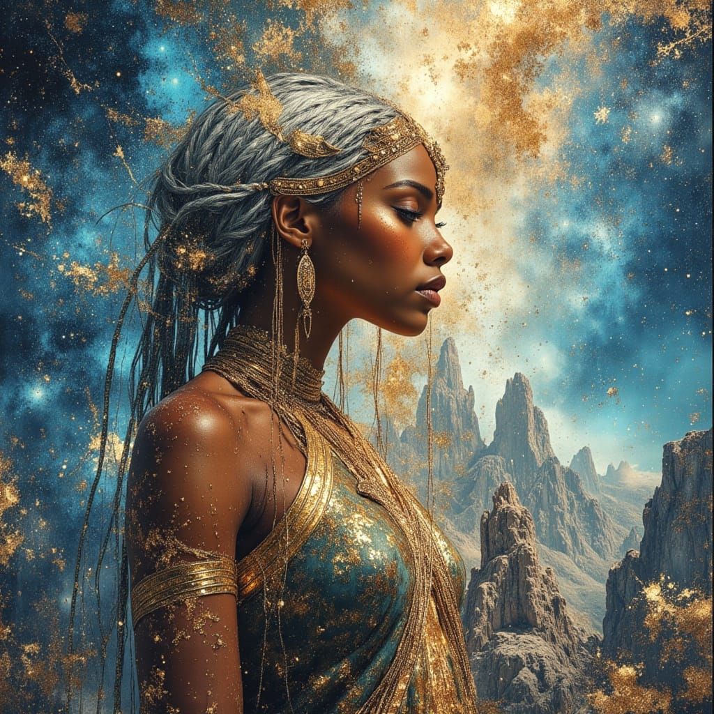 Majestic Warrior Woman in Celestial Armor Overlooking Nebula