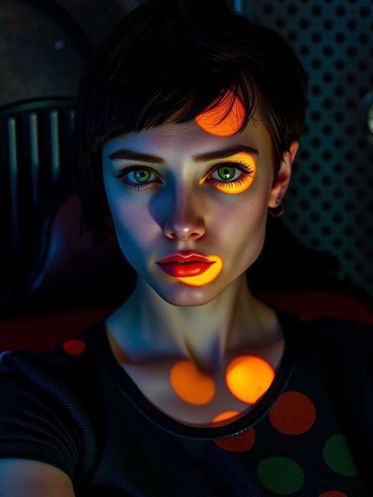 Cyberpunk Goddess with Metallic Skin and Polka Dot Projectio...