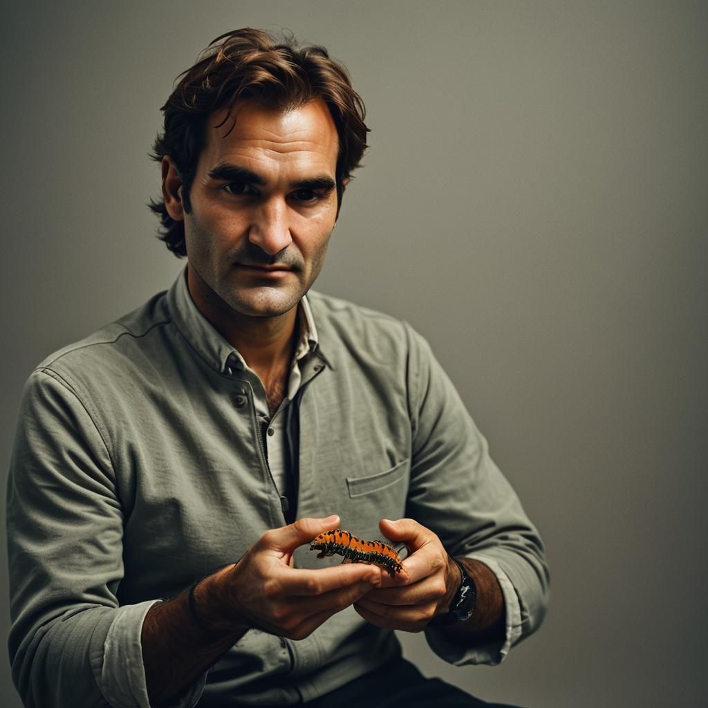 Roger Federer Holds a Caterpillar: Cinematic Film Still