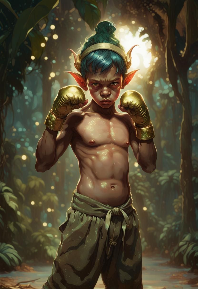 Venezuelan Goblin Child Boxing in Jungle, Double Exposure