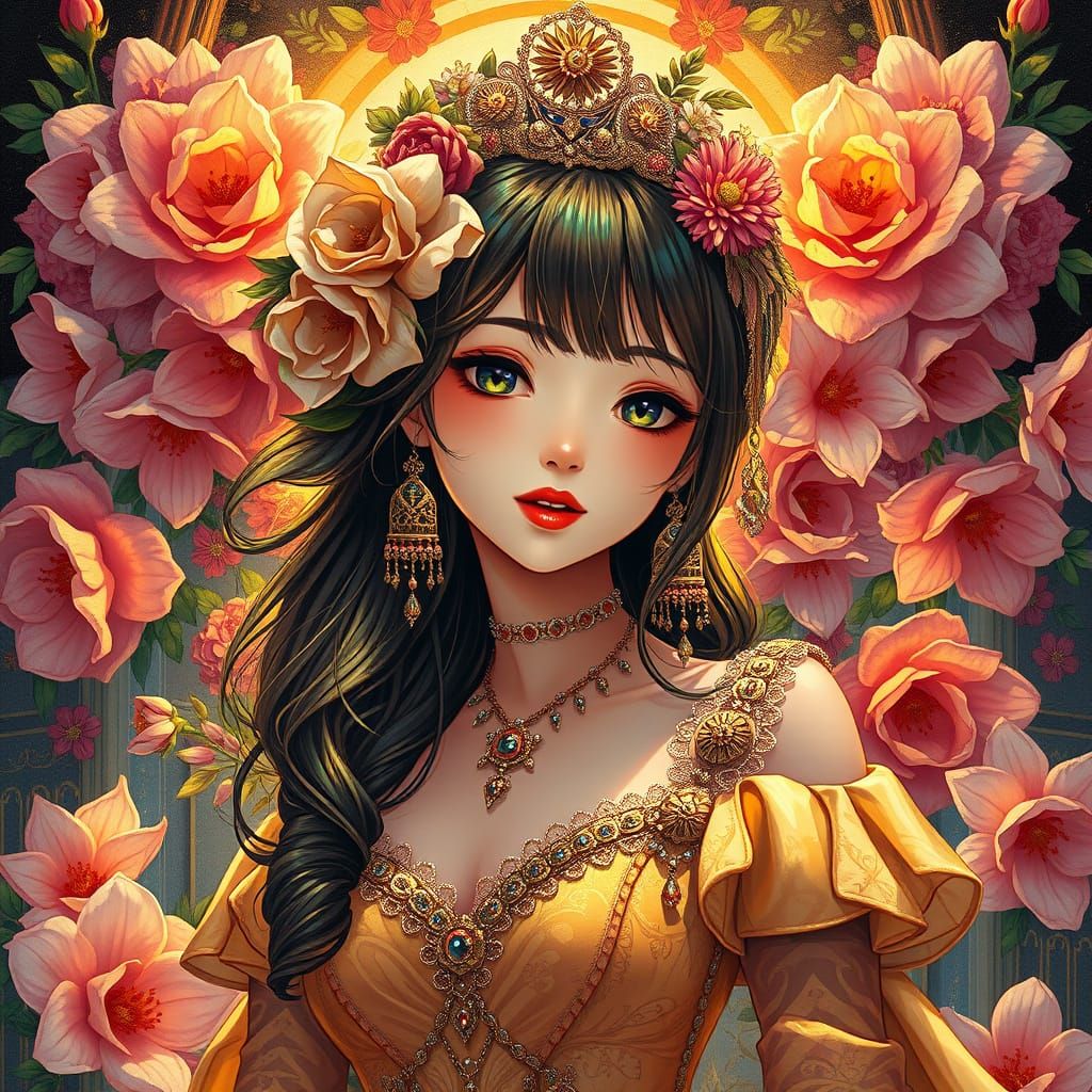 Anime Girl with Flowers, Rococo Acrylic Oil Painting