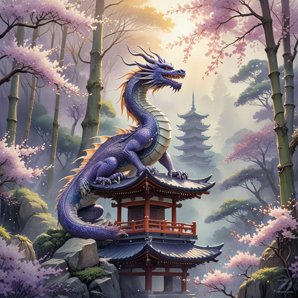 Purple Dragon Perched Atop Pagoda in Watercolor Style