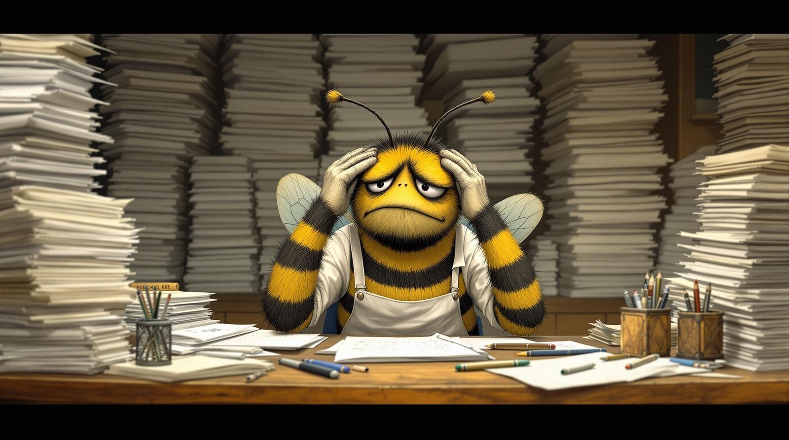 Frustrated Bee at Desk in Watercolor Style