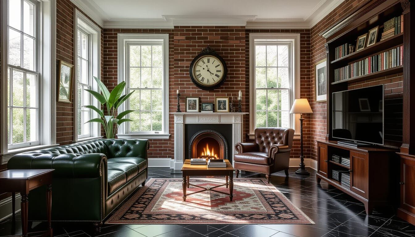 Victorian Living Room in Sunlight with Leather Sofa