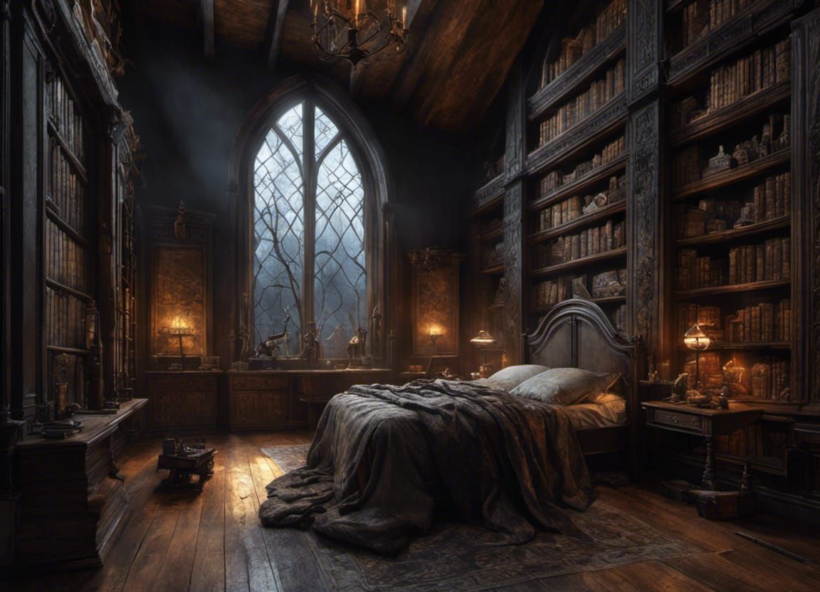 Grimdark Gothic Bedroom with Weapons and Wall Lamps